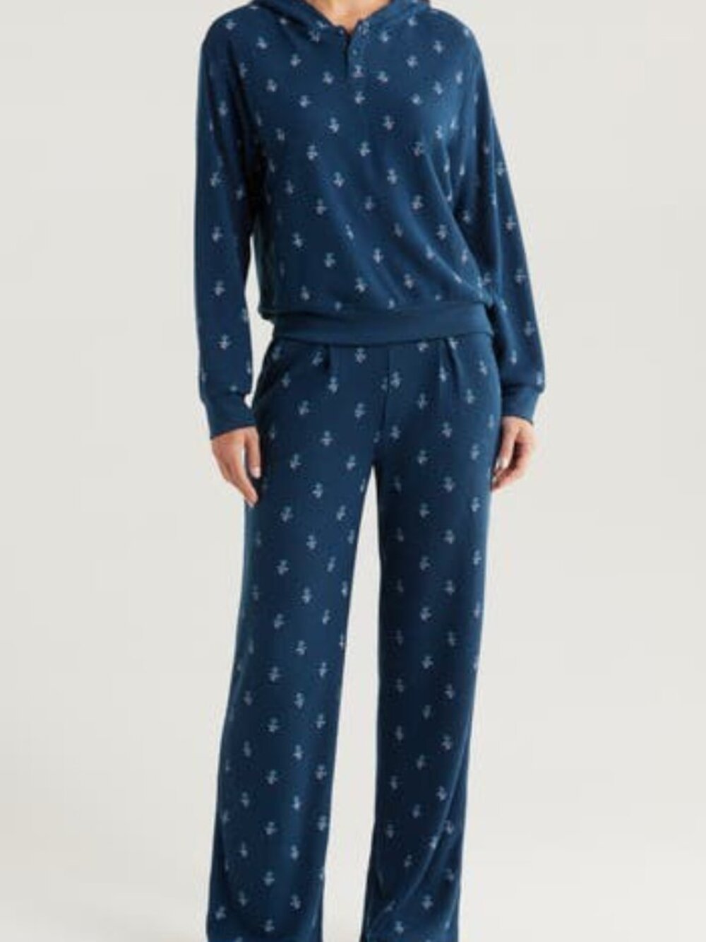 PJ Salvage Floral Hooded Thermal Waffle Pajamas 2 PC Set Top & Pants Navy Blue